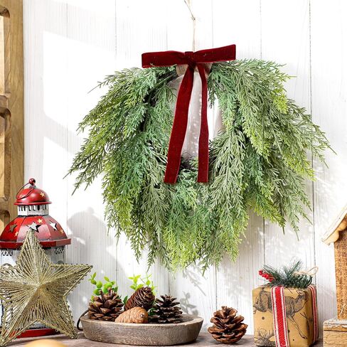 28'' Christmas Teardrop Swag with Velvet Bow Bells Greenery Teardrop Pine Wreath for Front Door Rustic Door Swag Artificial Norfolk Pine Needle for Christmas Mantle Indoor Outdoor Decor in Saudi Arabia