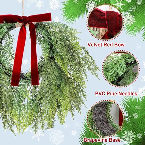 28'' Christmas Teardrop Swag with Velvet Bow Bells Greenery Teardrop Pine Wreath for Front Door Rustic Door Swag Artificial Norfolk Pine Needle for Christmas Mantle Indoor Outdoor Decor in Saudi Arabia