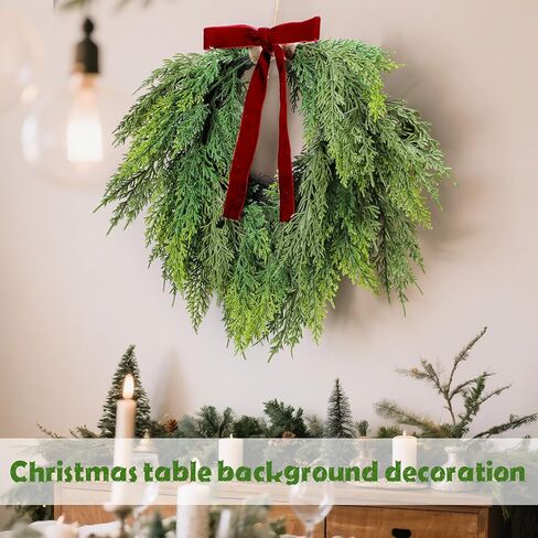 28'' Christmas Teardrop Swag with Velvet Bow Bells Greenery Teardrop Pine Wreath for Front Door Rustic Door Swag Artificial Norfolk Pine Needle for Christmas Mantle Indoor Outdoor Decor in Saudi Arabia