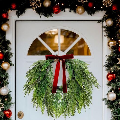 28'' Christmas Teardrop Swag with Velvet Bow Bells Greenery Teardrop Pine Wreath for Front Door Rustic Door Swag Artificial Norfolk Pine Needle for Christmas Mantle Indoor Outdoor Decor in Saudi Arabia
