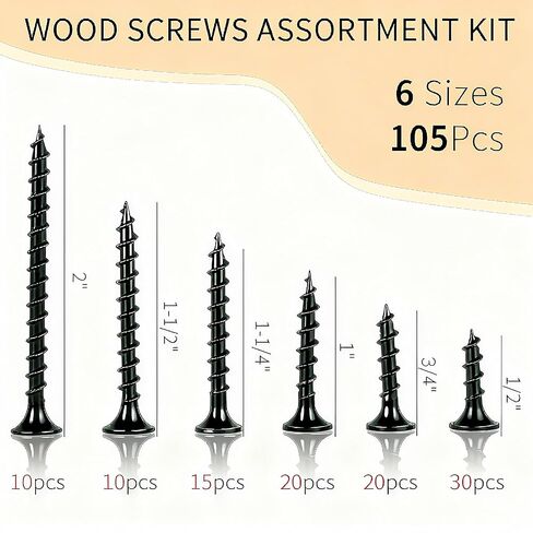 مجموعة متنوعة من البراغي الخشبية 105 قطعة، مجموعة براغي متنوعة للجدران الجافة عالية الصلابة، 6 مقاسات، محرك فيليبس، براغي سوداء صغيرة وطويلة للخشب (2 بوصة، 1-1/2 بوصة، 1-1/4 بوصة، 1 بوصة، 3/4 بوصة، 1/2 بوصة) in Kuwait