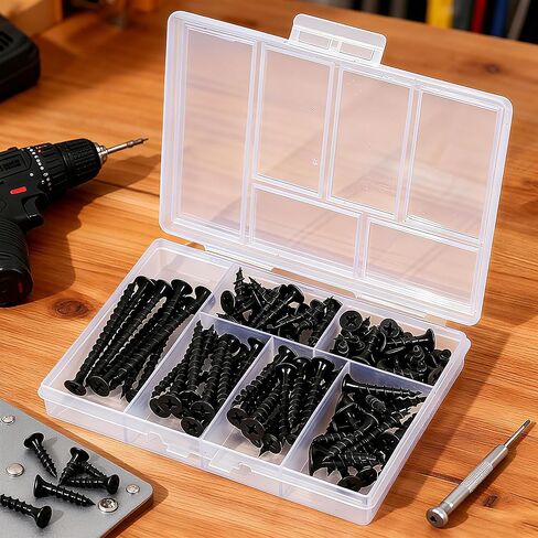 مجموعة متنوعة من البراغي الخشبية 105 قطعة، مجموعة براغي متنوعة للجدران الجافة عالية الصلابة، 6 مقاسات، محرك فيليبس، براغي سوداء صغيرة وطويلة للخشب (2 بوصة، 1-1/2 بوصة، 1-1/4 بوصة، 1 بوصة، 3/4 بوصة، 1/2 بوصة) in Kuwait