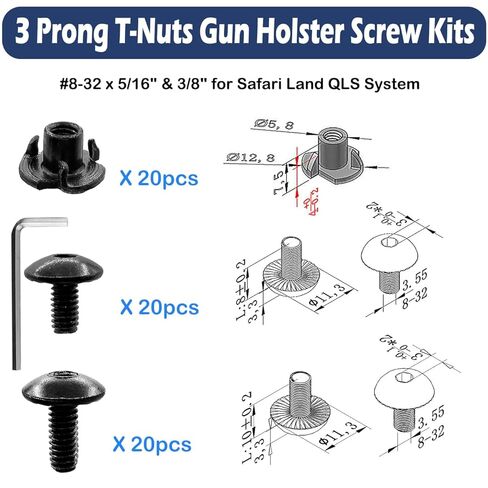 60 Pcs Black 3 Prong T-Nuts Gun Holster Screw Kits #8-32 x 5/16" & 3/8" for Safari Land QLS System/Holster, Kydex, Leather Gun Holsters & Knife Sheaths, Wood in Kuwait