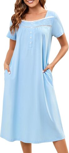 Bloggerlove 100% Cotton Nightgowns for Women Embroidery Pleated Button House Dress Long Moomoo Nightgown with Pockets in Kuwait