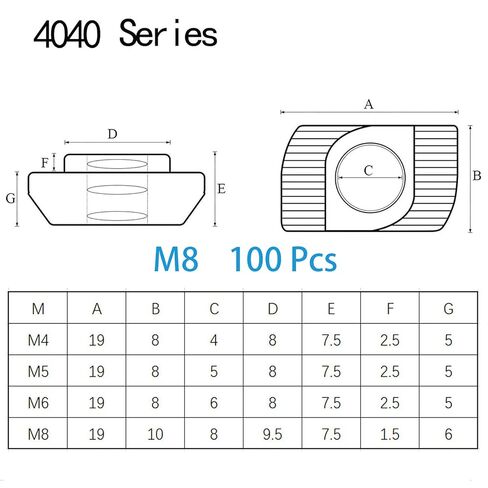 100 Pcs 4040 Series M8 T Slot Nut Hammer Head Fastener, Nickel Plated Carbon Steel Nut for Aluminum Profile in Saudi Arabia