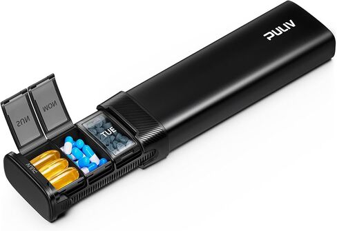 منظم حبوب الدواء الأسبوعي المعدني من PULIV مع علبة متينة وأنيقة من سبائك الألومنيوم، حقيبة حبوب منع الحمل للسفر بتصميم ثلاثي ضد الانسكاب، صندوق حبوب مضغوط مضغوط لمدة 7 أيام للفيتامينات وزيوت السمك والمكملات الغذائية، أسود in Kuwait