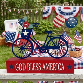 American Patriotic Decor 4th of July Decorations USA Flag Bicycle Box Sign Wooden Block Home Decor Rustic Farmhouse Sign Tabletop for Memorial Day Independence Labor in Saudi Arabia