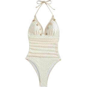 Verdusa Women's Seashell Beaded One Piece Swimsuit Textured High Cut Bathing Suit Boho Vacation Outfits in Kuwait