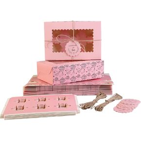 صناديق كب كيك مع صواني إدراج (عبوة من 20 قطعة)، حامل كب كيك وردي، صناديق خبز صالحة للطعام مع نوافذ وحشوات لتناسب 6 قطع من الكعك أو المعجنات in Kuwait