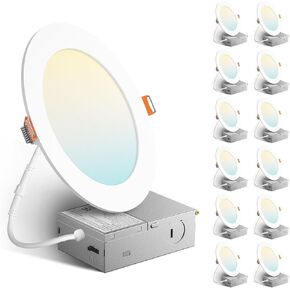 Amico 12 حزمة 6 بوصة 5CCT رفيعة للغاية LED مصباح سقف مجوف مع J-Box، 2700K/3000K/3500K/4000K/5000K قابلة للاختيار، 12W=110W، إضاءة سفلية خافتة للضوء، سطوع عالٍ 1050LM، ETL&FCC in Kuwait