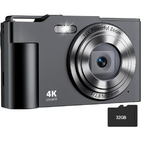 كاميرا رقمية، كاميرا رقمية FHD 4K للنقطة والتقاط مع تكبير 16X مضادة للاهتزاز، كاميرا صغيرة مدمجة بدقة 48 ميجابكسل مع بطاقة 32 جيجابايت للمراهقين والبنات والأطفال in Kuwait