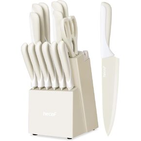 مجموعة سكاكين المطبخ 15 قطعة من هيسيف مع كتلة خشبية مدمجة للشحذ، آمنة للاستخدام في غسالة الأطباق، مجموعة سكاكين من الفولاذ المقاوم للصدأ عالي الكربون مع سكاكين شريحة لحم، مقص مطبخ، وردي فاقع in Kuwait