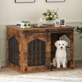 Dog Crate Furniture, 31.5" Farmhouse Dog Kennel with Sliding Barn Door, Wooden Dog Cage for Small Medium Dogs, Decorative Pet House Side End Table, Chew-Resistant, White and Walnut DCBA9601 in Kuwait