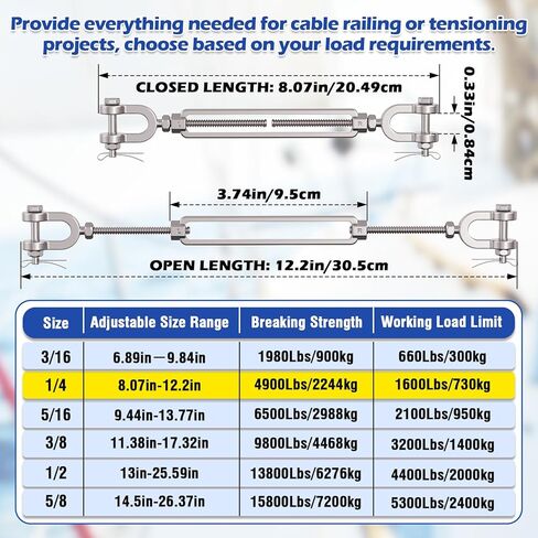 1/4 Turnbuckle Heavy Duty 304 Stainless Steel Turnbuckle Tensioner, 1600 lbs Working Load Limit, Jaw and Jaw Turnbuckles for Cables Wire Shade Sail Deck Ground Anchor in Saudi Arabia