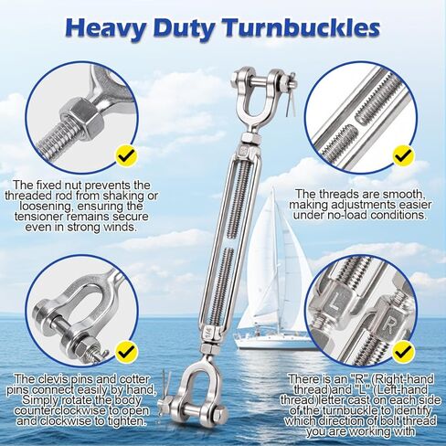 1/4 Turnbuckle Heavy Duty 304 Stainless Steel Turnbuckle Tensioner, 1600 lbs Working Load Limit, Jaw and Jaw Turnbuckles for Cables Wire Shade Sail Deck Ground Anchor in Saudi Arabia