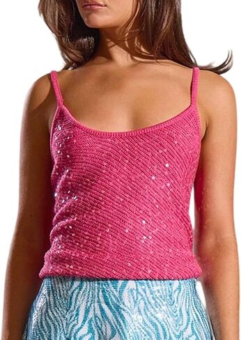 MakeMeChic Women's Sequin Sparkly Camisole Scoop Neck Sleeveless Knit Party Tank in Saudi Arabia