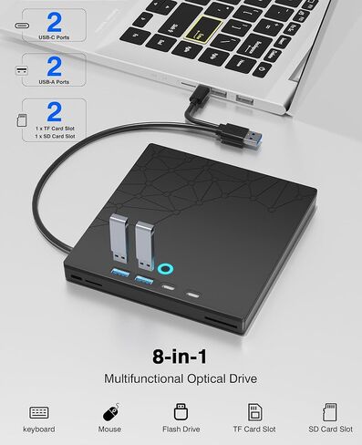 External CD/DVD Drive for Laptop, DVD Burner CD Reader for Laptop, 8-in-1 USB 3.0 Portable CD Players with SD/TF Ports, External Disk Drive Optical for MacBook Windows 11 10 PC Linux OS in Saudi Arabia