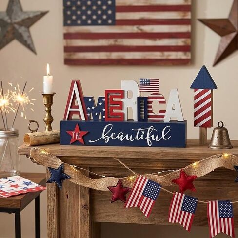American Patriotic Decor 4th of July Decorations USA Flag Bicycle Box Sign Wooden Block Home Decor Rustic Farmhouse Sign Tabletop for Memorial Day Independence Labor in Saudi Arabia