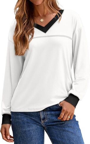 Dokotoo Womens Long Sleeve Shirts Casual V Neck Oversized Shirts Basic Tees Fall Clothes Fashion Outfits 2025 in Saudi Arabia
