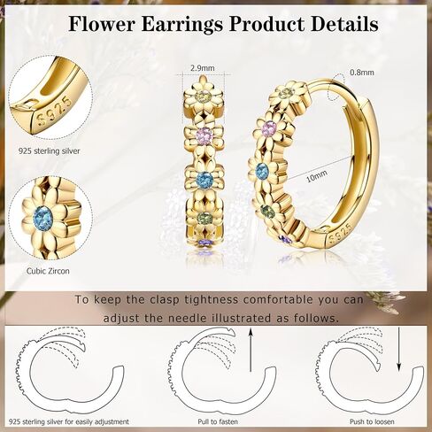 S925 Sterling Silver Daisy Small Hoop Earrings for Women: Flower Huggie Earrings Small Floral Hoop Earrings Rainbow Cubic Zircon 14K Gold Plated Jewelry Gifts for Sensitive Ears in Saudi Arabia