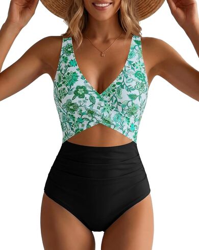 GPAPENT One Piece Swimsuit Women V Neck Cross Front Cut Out Printed Color Block Ruched High Waisted Bathing Suits Swimwear in Saudi Arabia