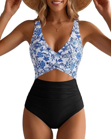 GPAPENT One Piece Swimsuit Women V Neck Cross Front Cut Out Printed Color Block Ruched High Waisted Bathing Suits Swimwear in Saudi Arabia