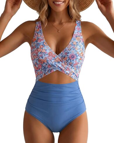 GPAPENT One Piece Swimsuit Women V Neck Cross Front Cut Out Printed Color Block Ruched High Waisted Bathing Suits Swimwear in Saudi Arabia