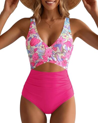 GPAPENT One Piece Swimsuit Women V Neck Cross Front Cut Out Printed Color Block Ruched High Waisted Bathing Suits Swimwear in Saudi Arabia