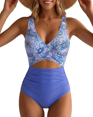 GPAPENT One Piece Swimsuit Women V Neck Cross Front Cut Out Printed Color Block Ruched High Waisted Bathing Suits Swimwear in Saudi Arabia