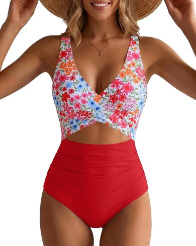 GPAPENT One Piece Swimsuit Women V Neck Cross Front Cut Out Printed Color Block Ruched High Waisted Bathing Suits Swimwear in Saudi Arabia