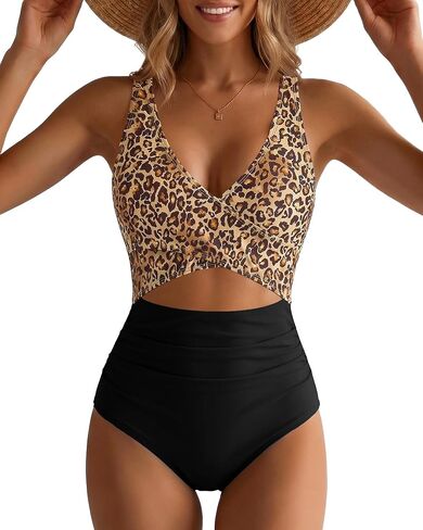 GPAPENT One Piece Swimsuit Women V Neck Cross Front Cut Out Printed Color Block Ruched High Waisted Bathing Suits Swimwear in Saudi Arabia