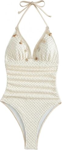 Verdusa Women's Seashell Beaded One Piece Swimsuit Textured High Cut Bathing Suit Boho Vacation Outfits in Saudi Arabia