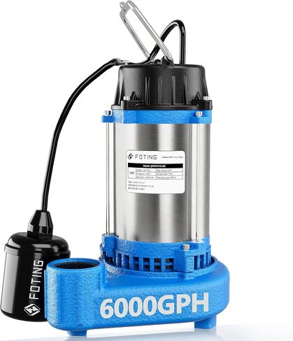 مضخة مياه الصرف الصحي الغاطسة/مضخة النفايات السائلة من FOTING - حديد الزهر عالي التحمل - مضخة الصرف الصحي 115 فولت لحوض الحوض/السكني/مياه الصرف الصحي/الطابق السفلي، 1HP 6000 GPH مضخات الصرف الصحي 1-1/2 بوصة NPT in Kuwait