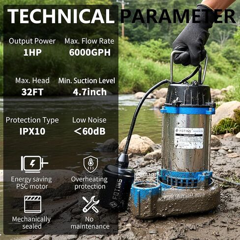 مضخة مياه الصرف الصحي الغاطسة/مضخة النفايات السائلة من FOTING - حديد الزهر عالي التحمل - مضخة الصرف الصحي 115 فولت لحوض الحوض/السكني/مياه الصرف الصحي/الطابق السفلي، 1HP 6000 GPH مضخات الصرف الصحي 1-1/2 بوصة NPT in Kuwait