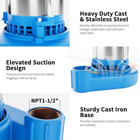 مضخة مياه الصرف الصحي الغاطسة/مضخة النفايات السائلة من FOTING - حديد الزهر عالي التحمل - مضخة الصرف الصحي 115 فولت لحوض الحوض/السكني/مياه الصرف الصحي/الطابق السفلي، 1HP 6000 GPH مضخات الصرف الصحي 1-1/2 بوصة NPT in Kuwait