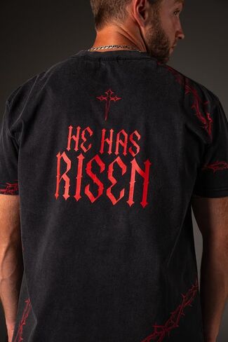 SAINT KAIZEN Risen Tee Shirt – Acid Wash | Oversized Christian Gym Tee, 220-gsm Cotton, Direct Inject Screen Print, Soft Enzyme Wash, Faith-Inspired Fitness Apparel Black in Saudi Arabia