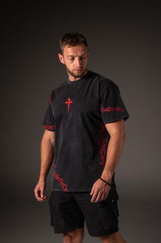SAINT KAIZEN Risen Tee Shirt – Acid Wash | Oversized Christian Gym Tee, 220-gsm Cotton, Direct Inject Screen Print, Soft Enzyme Wash, Faith-Inspired Fitness Apparel Black in Saudi Arabia