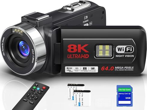 كاميرا فيديو 8K، كاميرا فيديو 64 ميجابكسل، كاميرا تسجيل فيديو للرؤية الليلية بالأشعة تحت الحمراء، تكبير 18X، كاميرا رقمية واي فاي in Kuwait