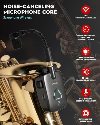 STRICH UHF Rechargeable Wireless Instrument Microphone System with Clip-on Transmitter & Receiver, 99ft Range, Reverb OTG Recording, for Trumpet, Trombone, Saxophone & Brass Instruments in Saudi Arabia
