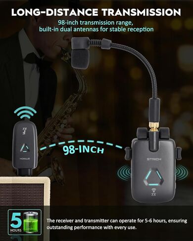 STRICH UHF Rechargeable Wireless Instrument Microphone System with Clip-on Transmitter & Receiver, 99ft Range, Reverb OTG Recording, for Trumpet, Trombone, Saxophone & Brass Instruments in Saudi Arabia