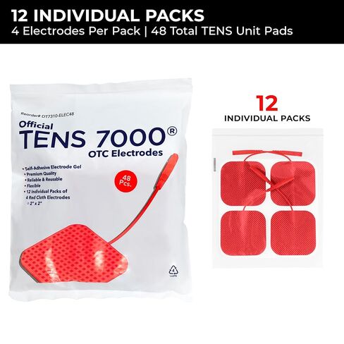 TENS 7000 Official TENS Unit Electrode Pads, 48 Pack, Premium Quality OTC Replacement Pads, 2" X 2", Compatible with Most Stim Machines Value Pack Replacement, Red in Kuwait
