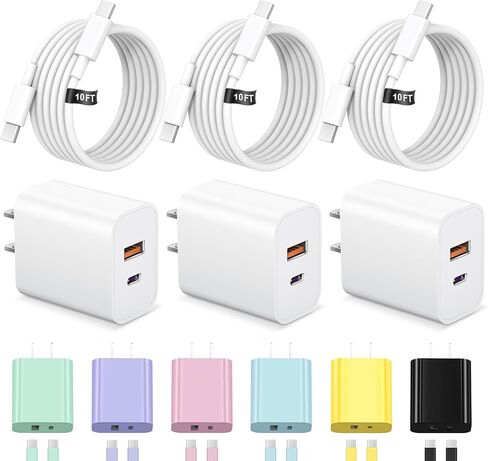 شاحن iPhone 17 16 15 شحن سريع USB C شاحن من النوع C مع 3 كابلات بطول 10 أقدام لهاتف iPhone 17/17 Plus/17 Pro Max/16/16 Plus/16 Pro Max/15 Pro Max/iPad Pro in Kuwait