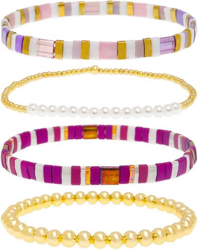Tila Flat Gold Beaded Beaded Beaded Procelets for Women ، 4pcs Trendy Handmade Miyuki Glass Gold Beads Colorful Cacket Stack Stretch Accessories Holiday Accessories Gifto Jewelry Gift. in Kuwait