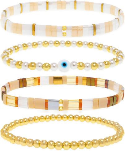 Tila Flat Gold Beaded Beaded Beaded Procelets for Women ، 4pcs Trendy Handmade Miyuki Glass Gold Beads Colorful Cacket Stack Stretch Accessories Holiday Accessories Gifto Jewelry Gift. in Kuwait