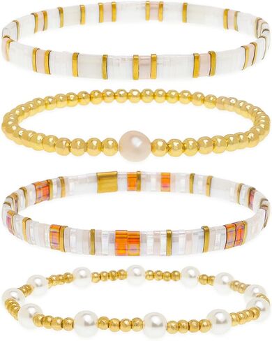 Tila Flat Gold Beaded Beaded Beaded Procelets for Women ، 4pcs Trendy Handmade Miyuki Glass Gold Beads Colorful Cacket Stack Stretch Accessories Holiday Accessories Gifto Jewelry Gift. in Kuwait