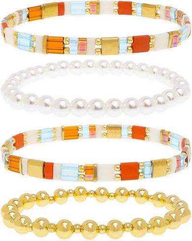 Tila Flat Gold Beaded Beaded Beaded Procelets for Women ، 4pcs Trendy Handmade Miyuki Glass Gold Beads Colorful Cacket Stack Stretch Accessories Holiday Accessories Gifto Jewelry Gift. in Kuwait