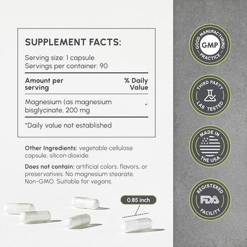 Magnesium Glycinate 200mg - Chelated Magnesium Bisglycinate for Maximum Absorption - Support for Sleep, Muscle Cramps & Relaxation - Gentle on Stomach - 60 Veggie Capsules in Kuwait