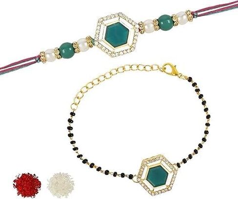 I Jewels Elegant Kundan Stone Bhaiya Bhabhi Mangalsutra Bracelet Rakhi Set With Roli Chawal & Rakshabandhan Card For Brother/Bro/Men in Saudi Arabia
