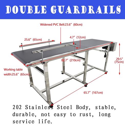 Flat Belt Conveyor PVC Belt Transport Conveyor Double Guardrails Stainless Steel Frames Industrial Transport Equipment 82.6×23.6inch in Kuwait
