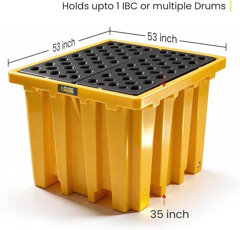 منصة IBC لاحتواء الانسكابات - 53 بوصة × 53 بوصة × 35 بوصة مع حوض سعة 340 جالون، حاوية حمل HDPE، أصفر in Kuwait